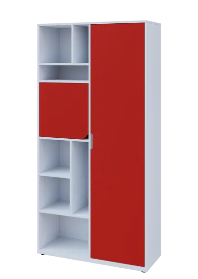 KSR6-83 P skříň šatní, 1x výsuvné ramínko, dvířka, niky, 2053x1022x400 mm, provedení pravé, bílá sněžná/červená